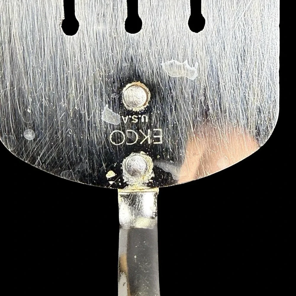 EKCO Keyhole Slotted Spatula Chrome Finish Black Handle MCM Vintage 10